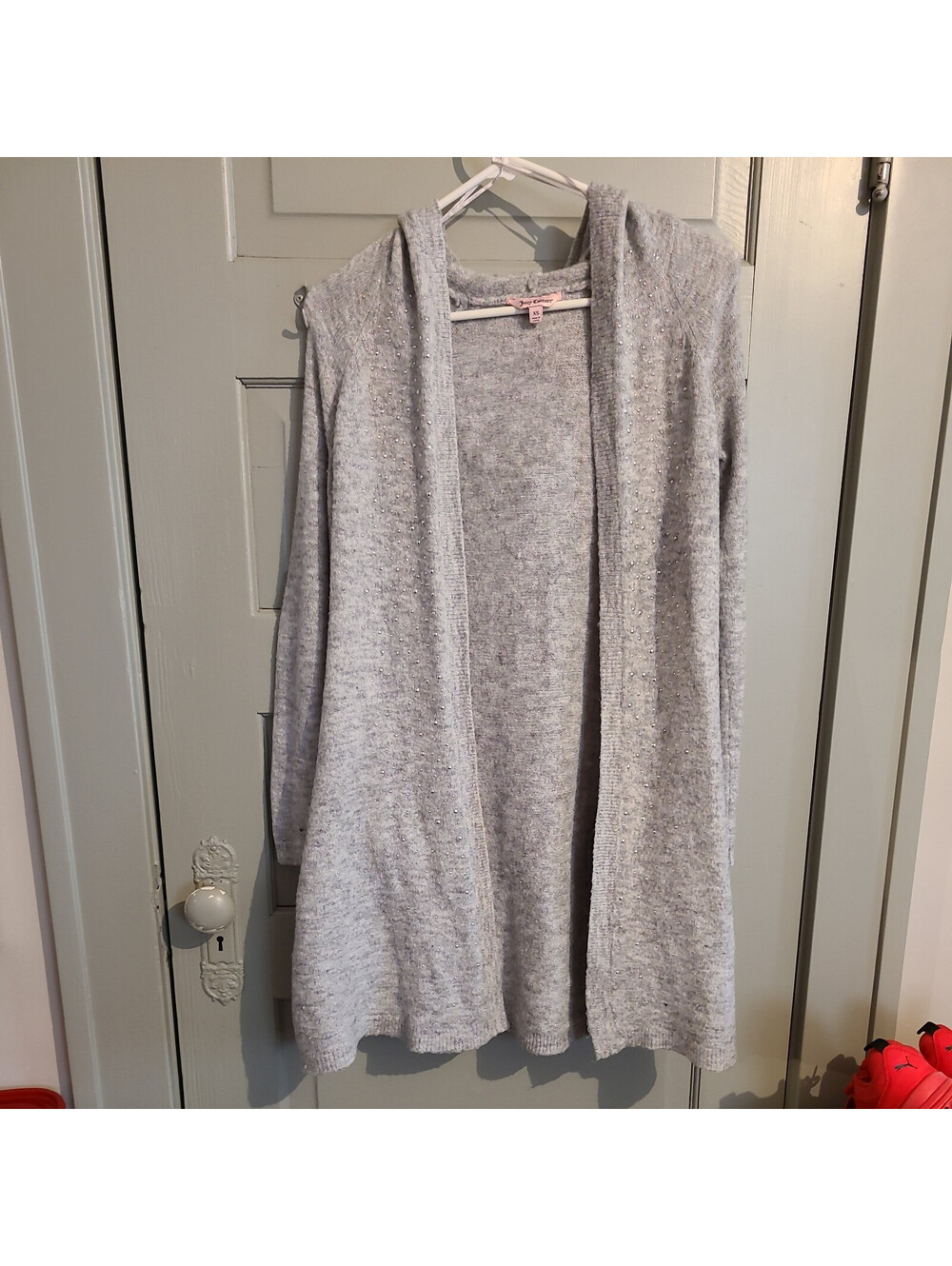 Juicy Couture Hooded Open Cardigan Glitter Sweatshirt Sz xs Gray Silver Longline
